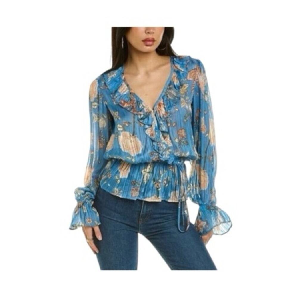 Ramy Brook Veronica Wrap Front Blouse Blue Floral Poet Sleeves Top Size Medium